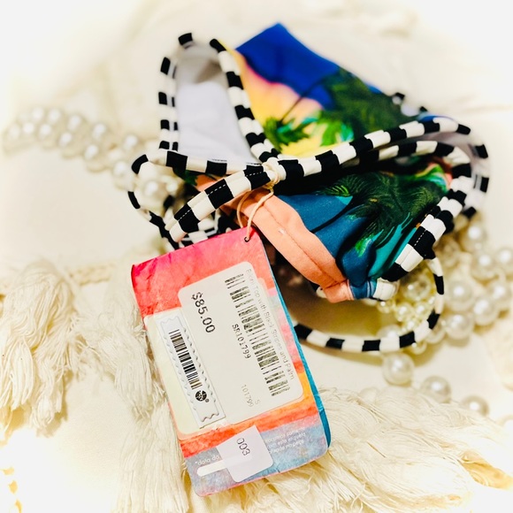 SALINAS | S | High Neck Palm Coral Sunset Bikini Black White Striped Sport Top - Picture 9 of 16